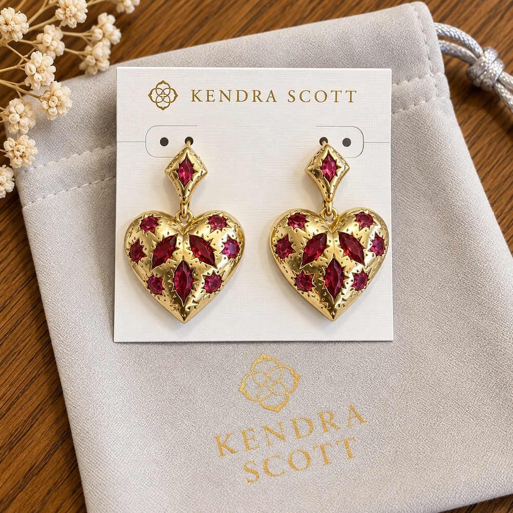 Kendra Scott Holland Gold Heart Drop Earrings Pink Crystal 9608875080
